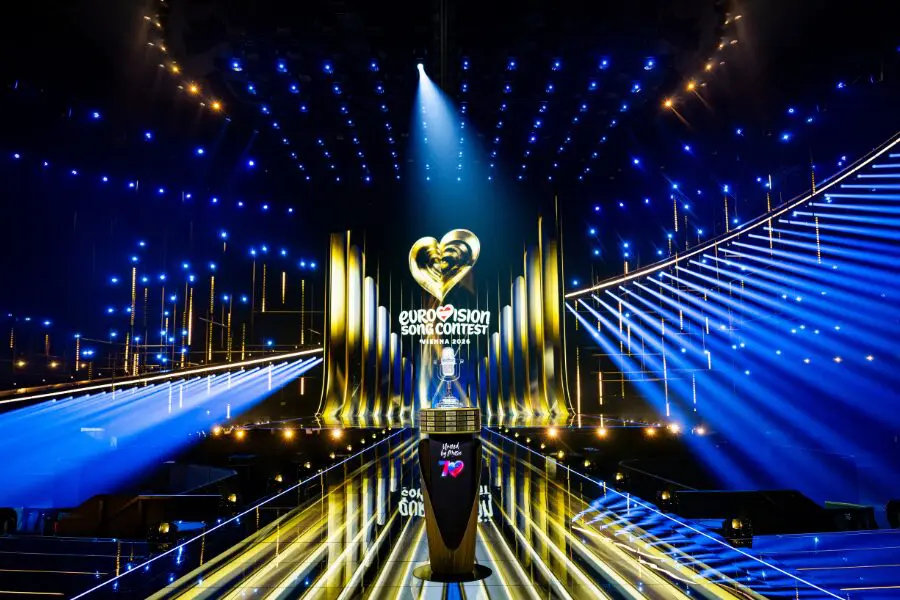 The trophy of the 70th Eurovision Song Contest on the Wiener Stadthalle stage for Vienna 2026 Photo Credit: Sarah Louise Bennett/ EBU